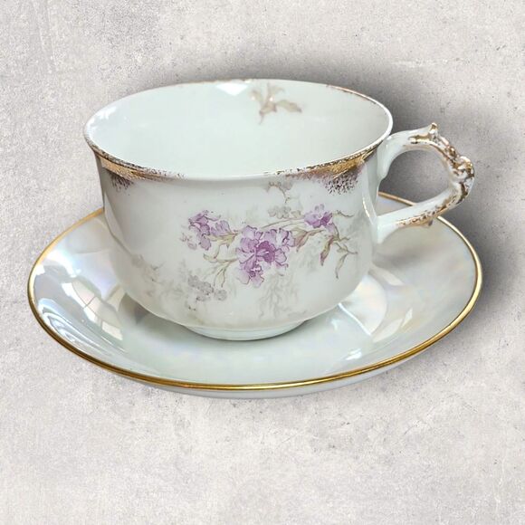Antique Haviland Limoges Teacup Noritake Saucer Violet Floral Gold Rim Iridescen - Picture 2 of 15